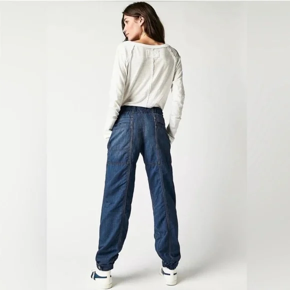 FREE PEOPLE MEDUIM ANGELO TIE WAIST JEANS LOW RISE SLOUCHY CARGO PULL-ON DENIM - Picture 6 of 8